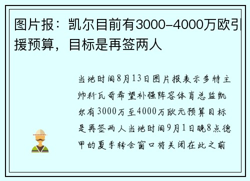 图片报：凯尔目前有3000-4000万欧引援预算，目标是再签两人
